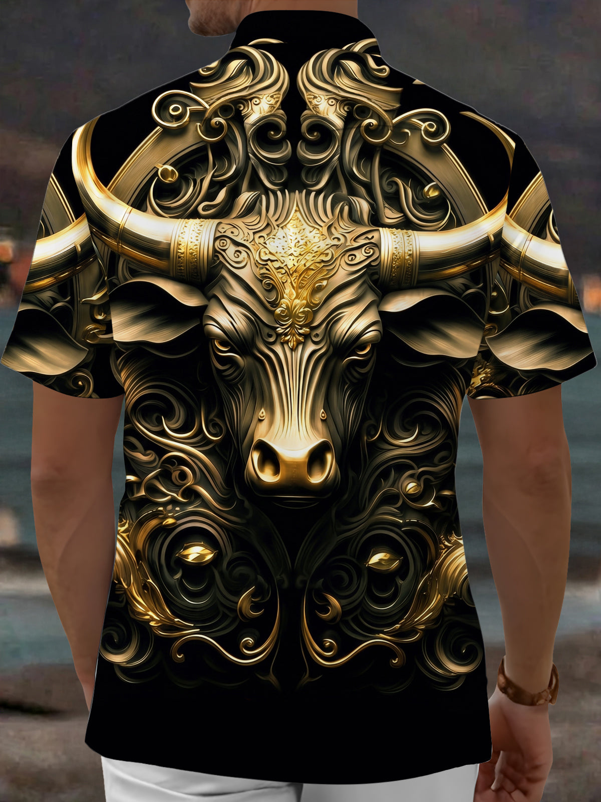 Oceanlyte Men's Graphic Gold Bull Head Print Short Sleeve Shirt with Chest Pocket