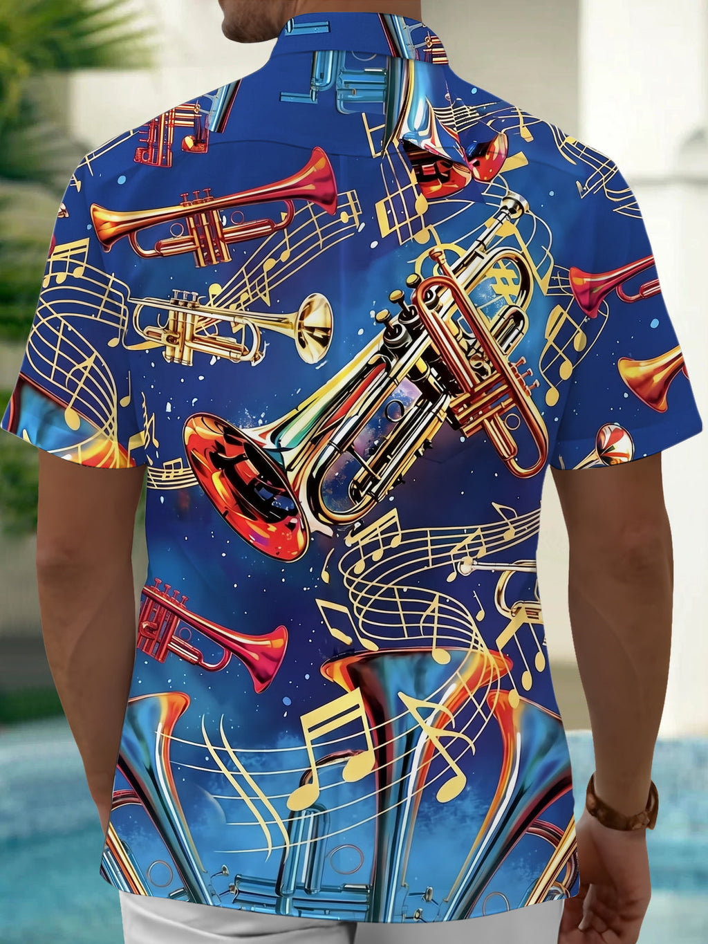 Oceanlyte Men's Hawaiian Trumpet Musical Notes Print Short Sleeve Shirt with Chest Pocket