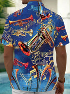 Oceanlyte Men's Hawaiian Trumpet Musical Notes Print Short Sleeve Shirt with Chest Pocket