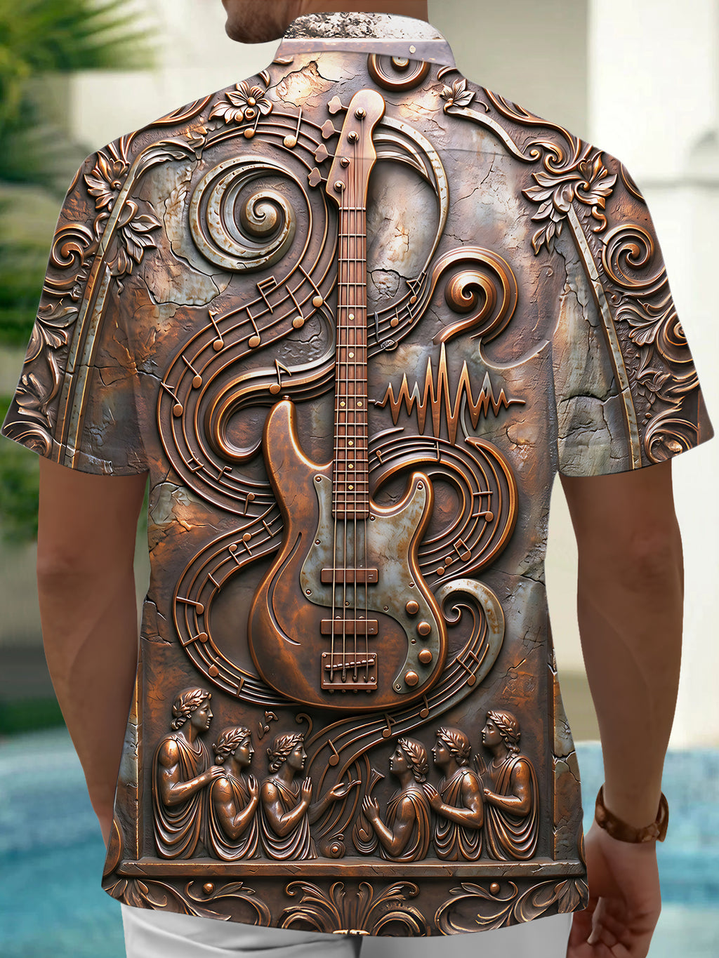 Oceanlyte Men's Short Sleeve Shirt - Bronze Relief Bass Guitar And Musical Notes Print with Chest Pocket