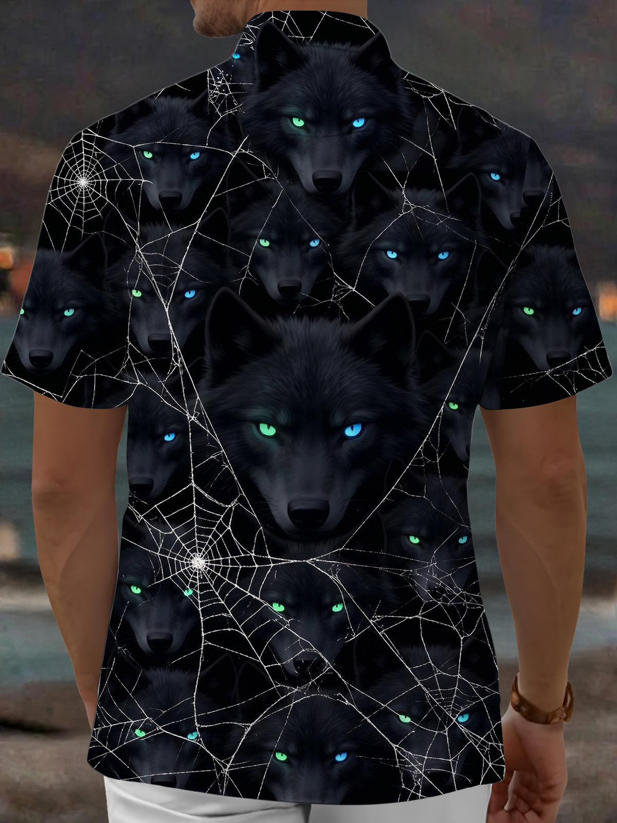 Oceanlyte Men's Short Sleeve Shirt - Halloween Black Wolf Faces And Spider Webs Print with Chest Pocket