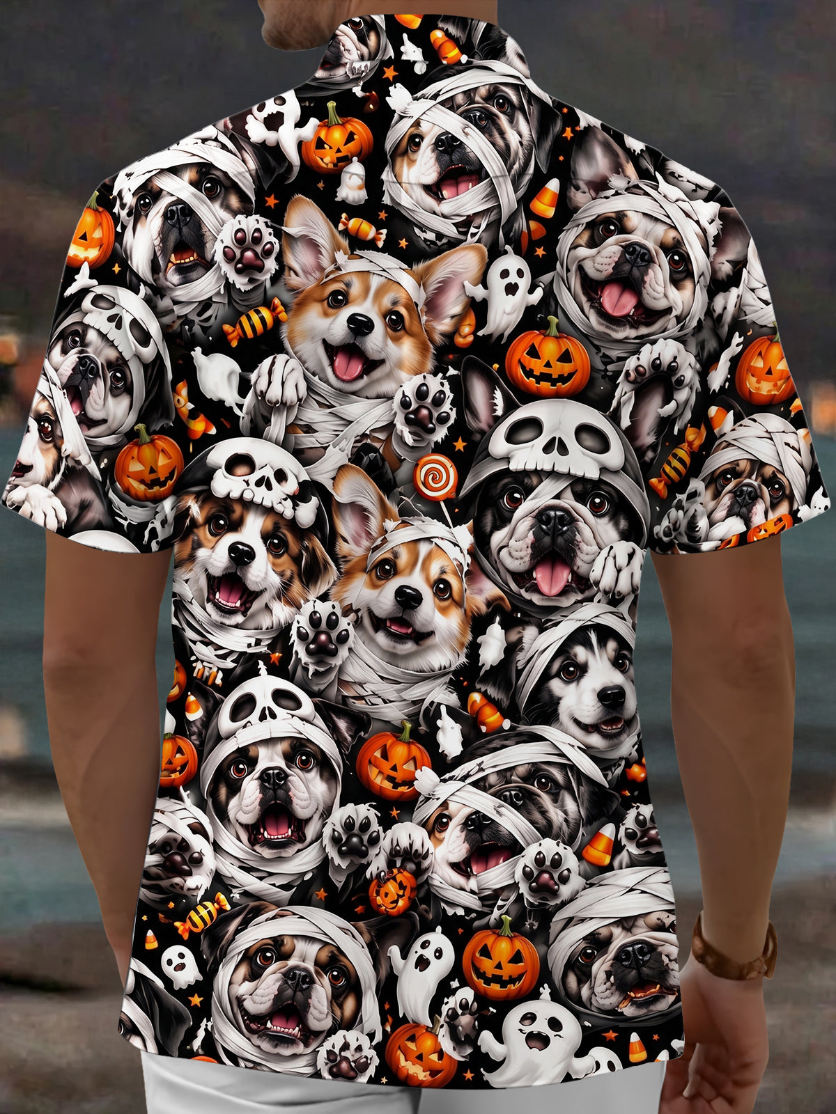 Oceanlyte Men's Halloween Mummy Dogs And Pumpkins Print Short Sleeve Shirt with Chest Pocket