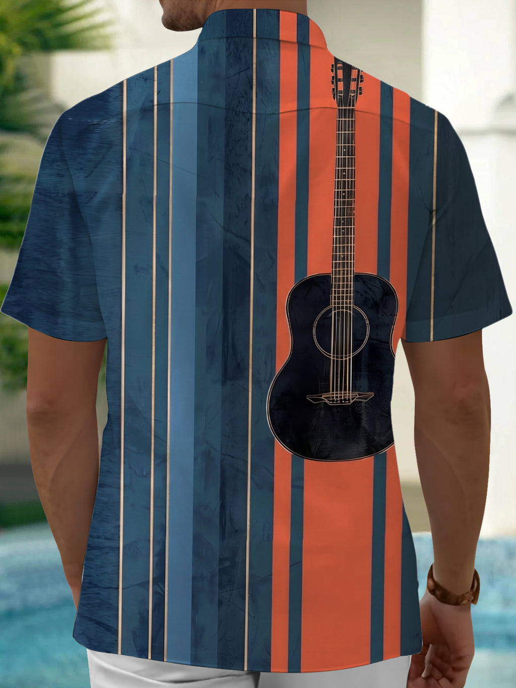 Oceanlyte Men's Striped Guitar Print Vertical Stripes Print Short Sleeve Shirt with Chest Pocket