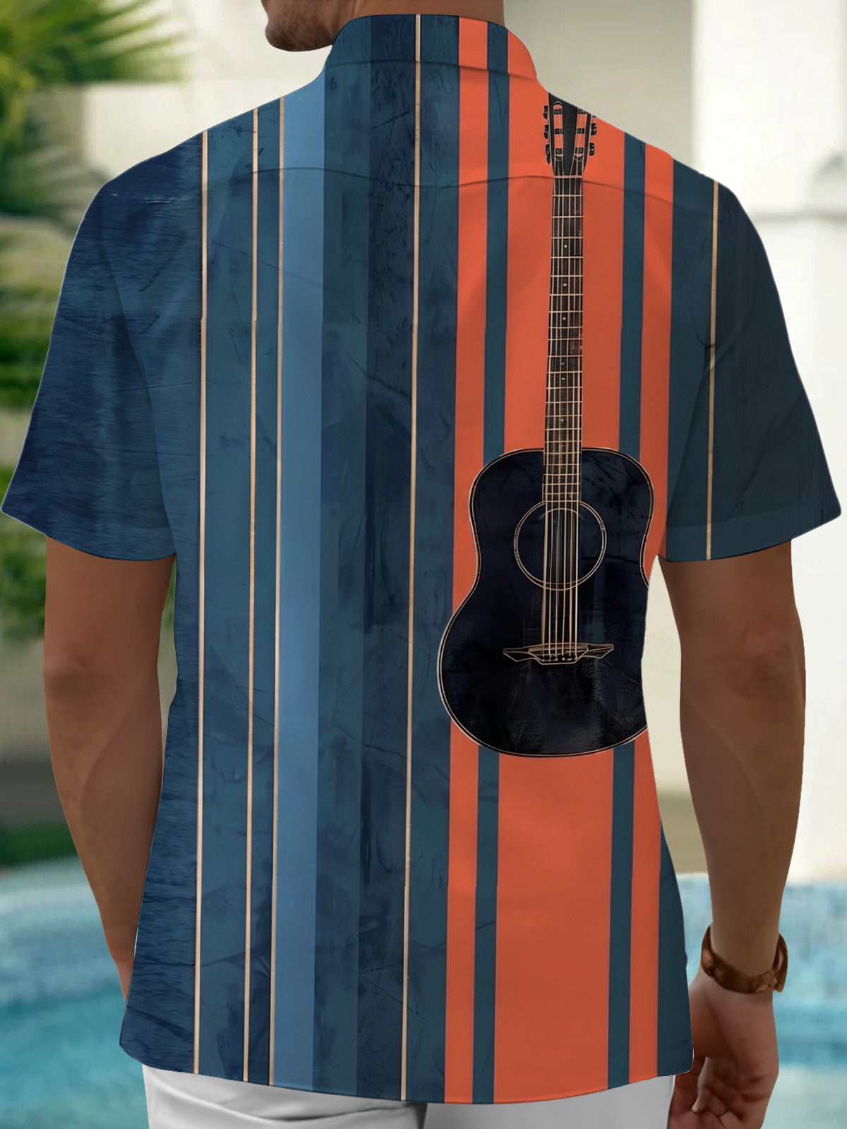 Oceanlyte Men's Striped Guitar Print Vertical Stripes Print Short Sleeve Shirt with Chest Pocket