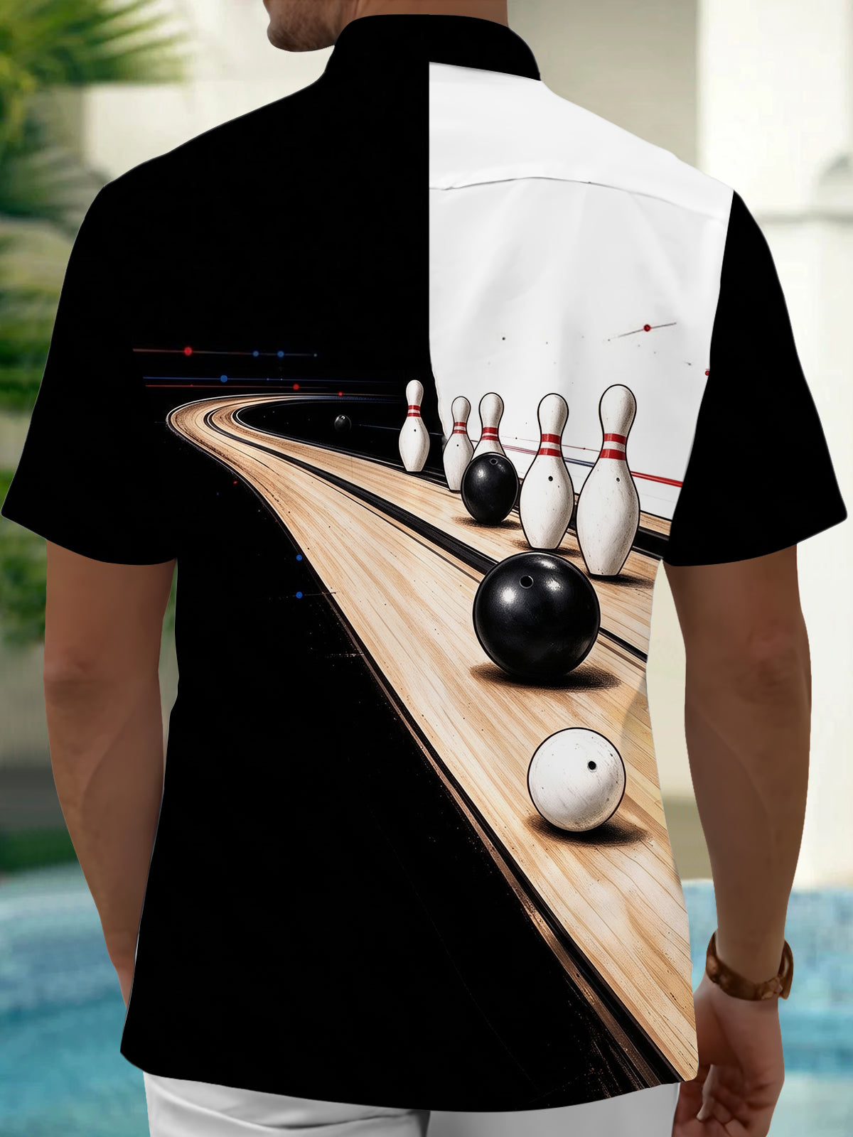 Oceanlyte Men's Bowling Pins And Bowling Balls On Lane Print Short Sleeve Shirt with Chest Pocket