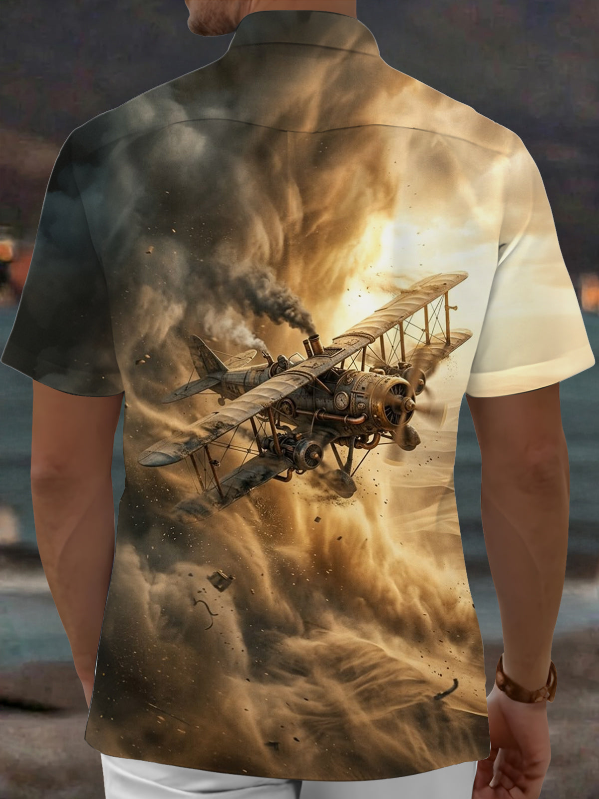 Oceanlyte Men's Vintage Style Steampunk Biplane Print Short Sleeve Shirt with Chest Pocket