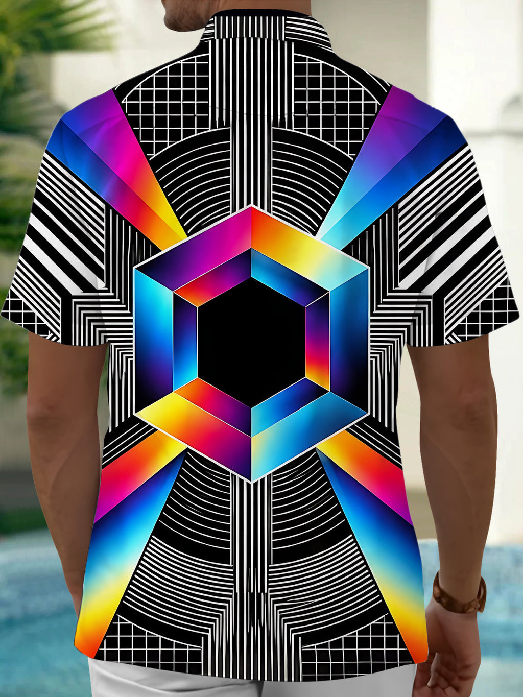 Oceanlyte Men's Geometric Rainbow Hexagon And Stripes Print Short Sleeve Shirt with Chest Pocket