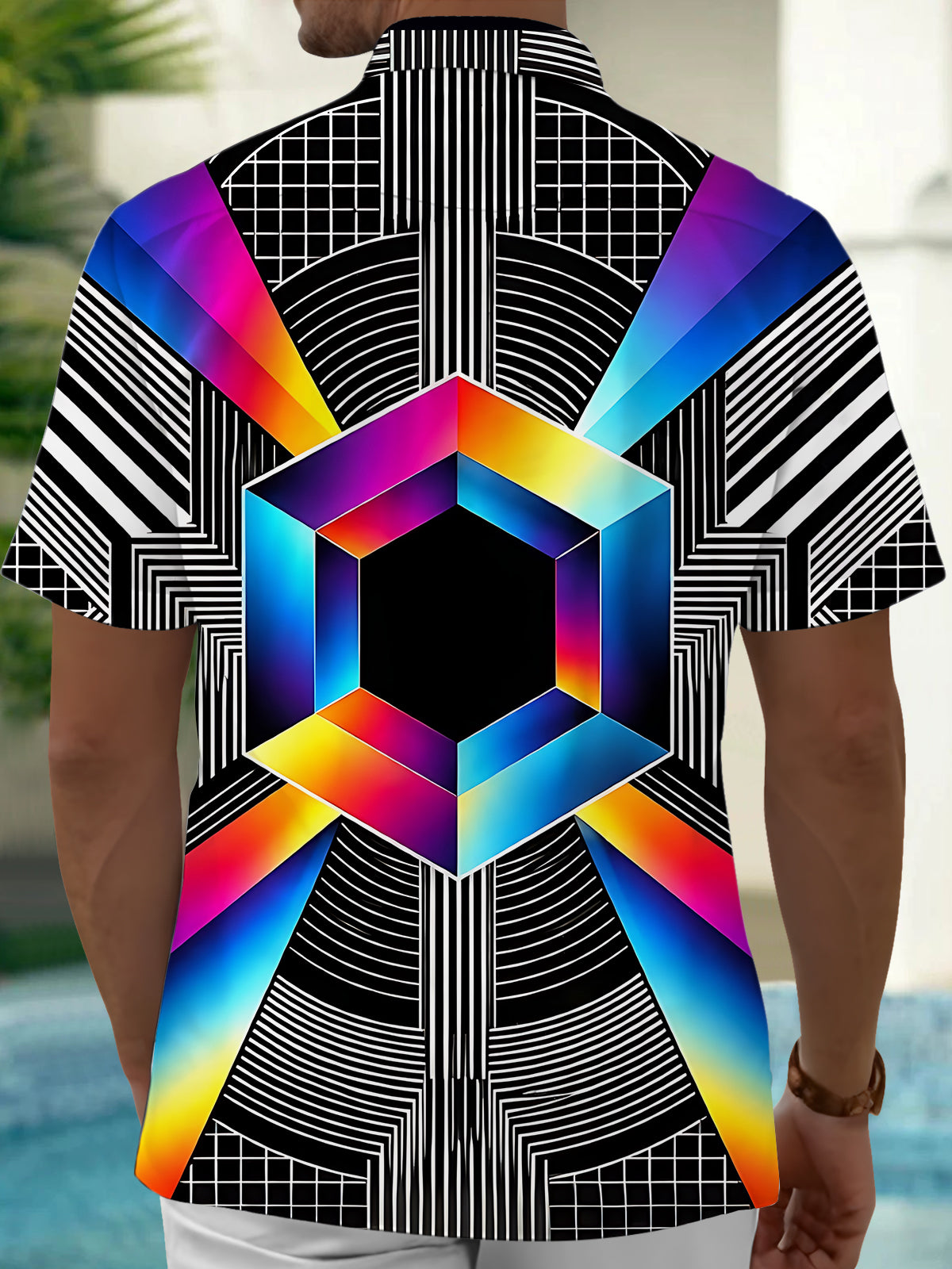 Oceanlyte Men's Geometric Rainbow Hexagon And Stripes Print Short Sleeve Shirt with Chest Pocket