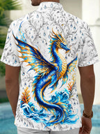 Oceanlyte Men's Blue And Golden Dragon On Waves Print Short Sleeve Shirt with Chest Pocket