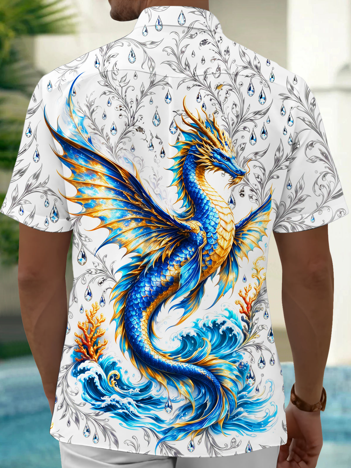 Oceanlyte Men's Blue And Golden Dragon On Waves Print Short Sleeve Shirt with Chest Pocket