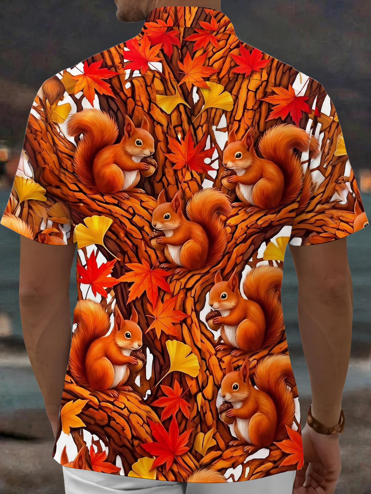 Oceanlyte Men's Hawaiian Autumn Squirrel Print Short Sleeve Shirt with Chest Pocket