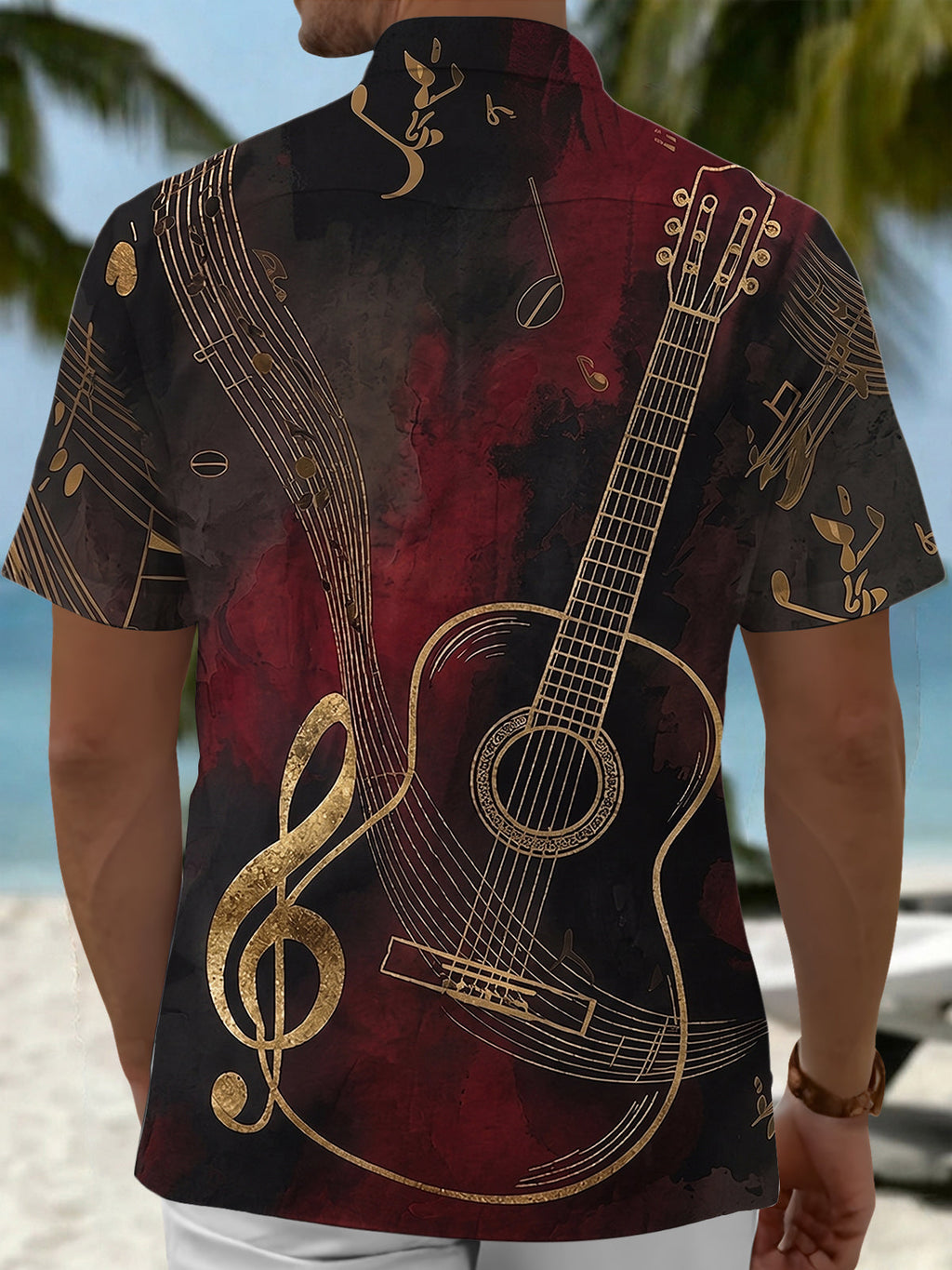 Oceanlyte Men's Acoustic Guitar Musical Note Graphic Print Short Sleeve Button Down Shirt with Chest Pocket