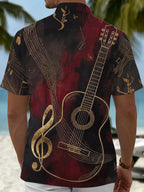 Oceanlyte Men's Acoustic Guitar Musical Note Graphic Print Short Sleeve Button Down Shirt with Chest Pocket