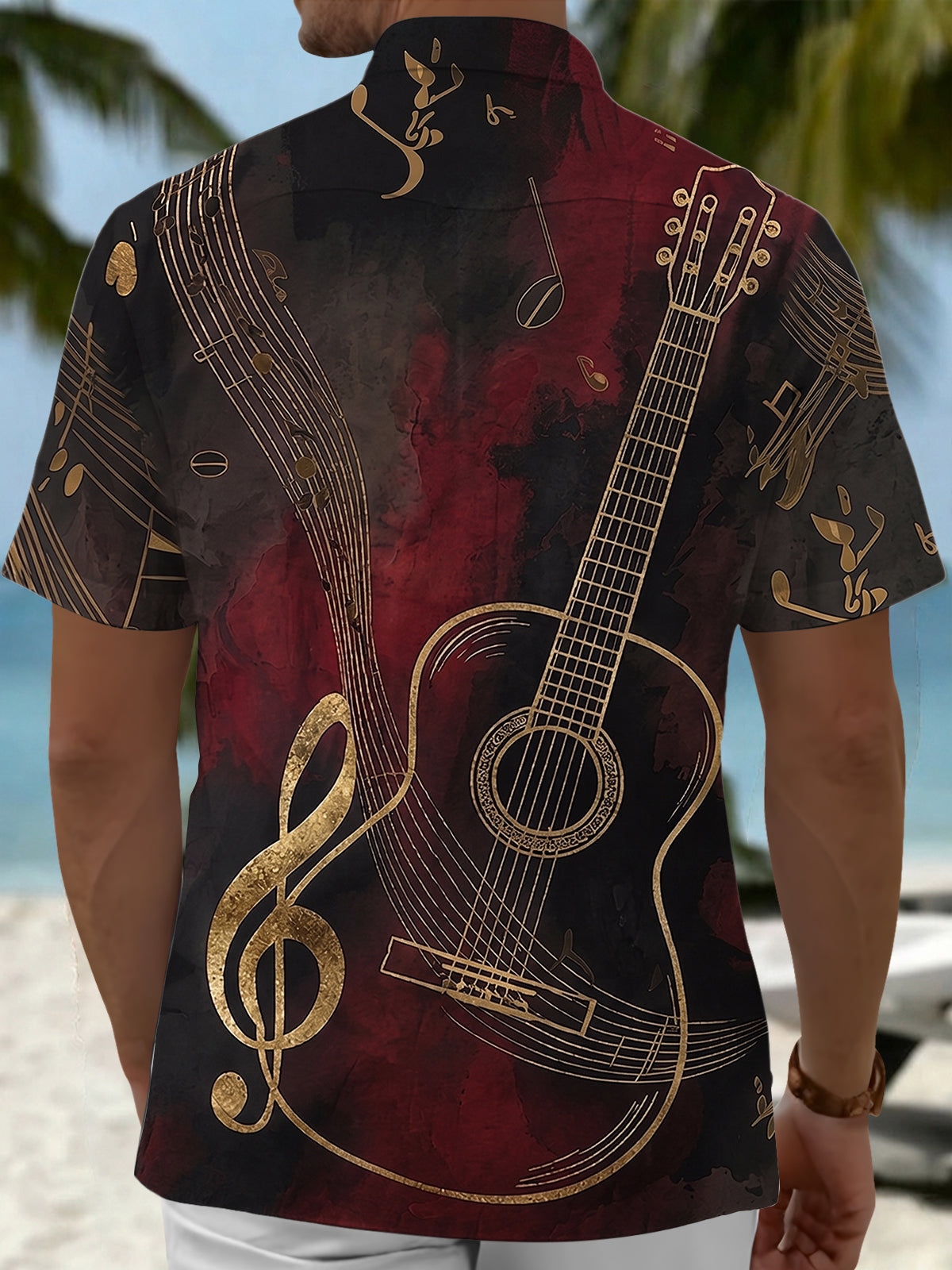 Oceanlyte Men's Acoustic Guitar Musical Note Graphic Print Short Sleeve Button Down Shirt with Chest Pocket