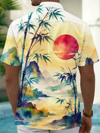 Oceanlyte Men's Hawaiian Bamboo Landscape With Red Sun Print Short Sleeve Shirt with Chest Pocket
