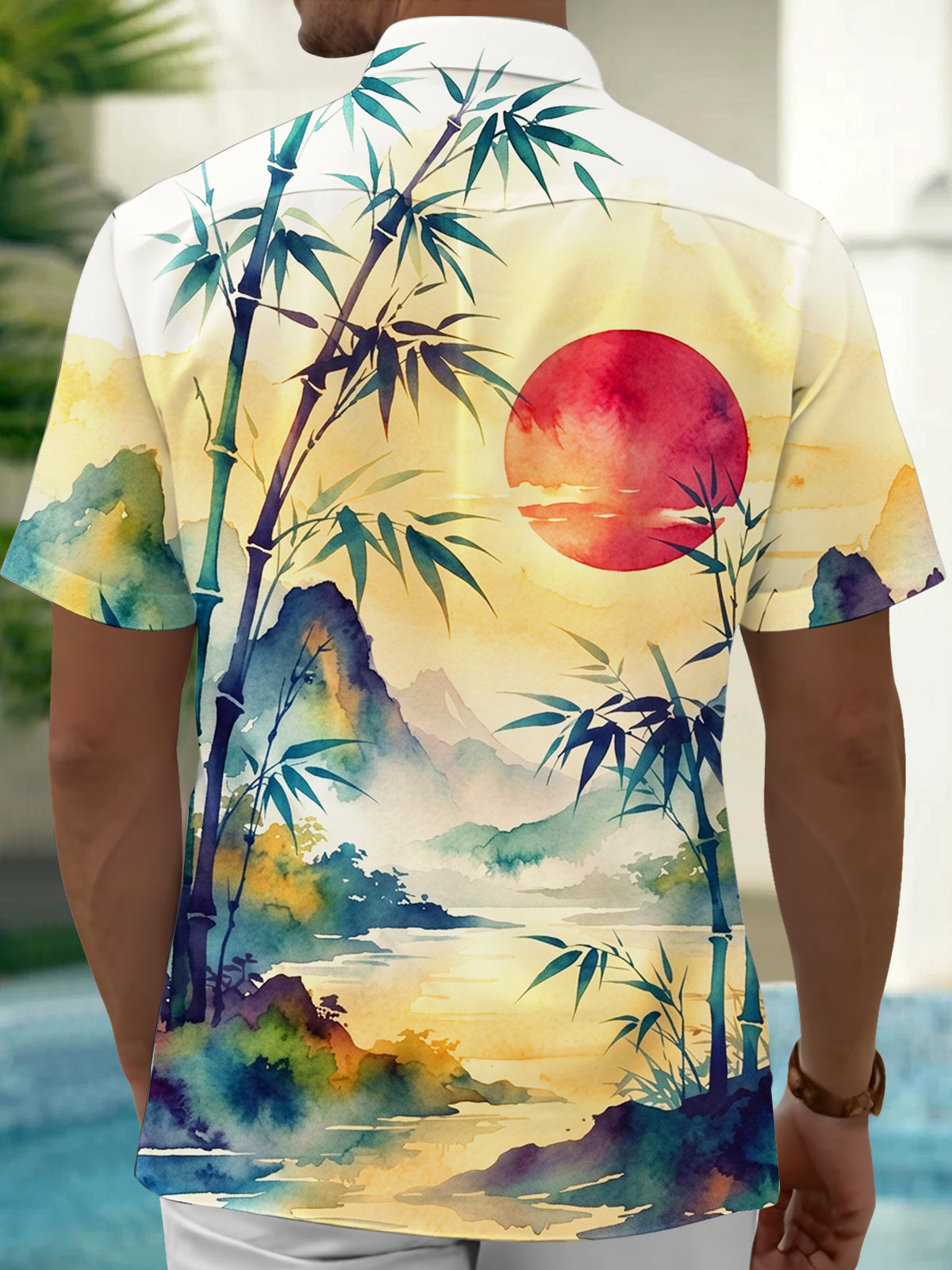 Oceanlyte Men's Hawaiian Bamboo Landscape With Red Sun Print Short Sleeve Shirt with Chest Pocket