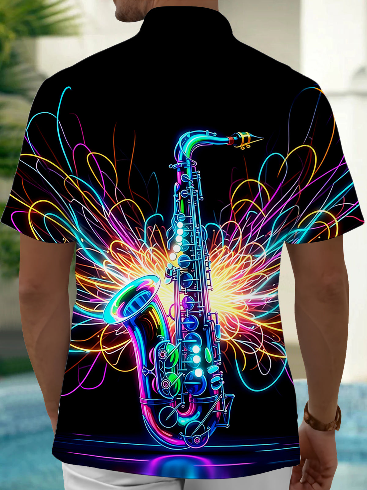 Oceanlyte Men's Graphic Neon Saxophone Print Short Sleeve Shirt with Chest Pocket