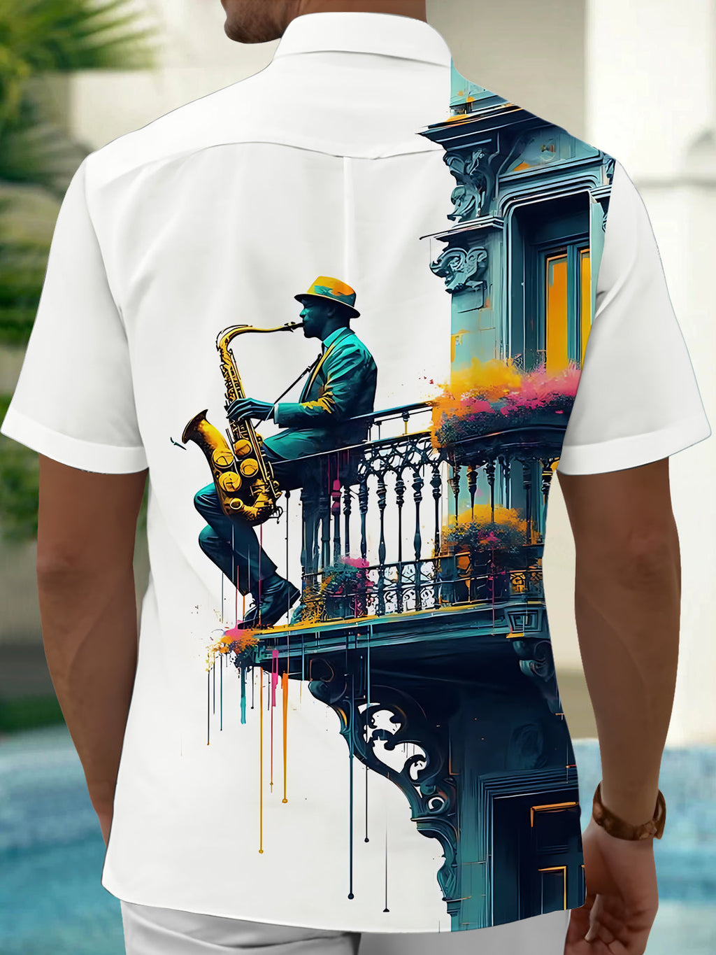 Oceanlyte Men's Graphic Saxophone Musician Print Short Sleeve Shirt with Chest Pocket