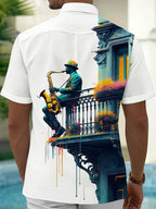 Oceanlyte Men's Graphic Saxophone Musician Print Short Sleeve Shirt with Chest Pocket