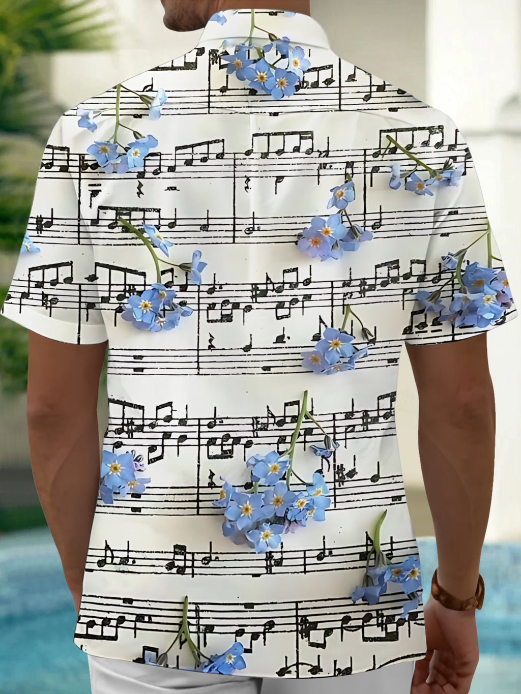 Oceanlyte Men's Hawaiian Musical Notes Sheet Music Print Short Sleeve Shirt with Chest Pocket