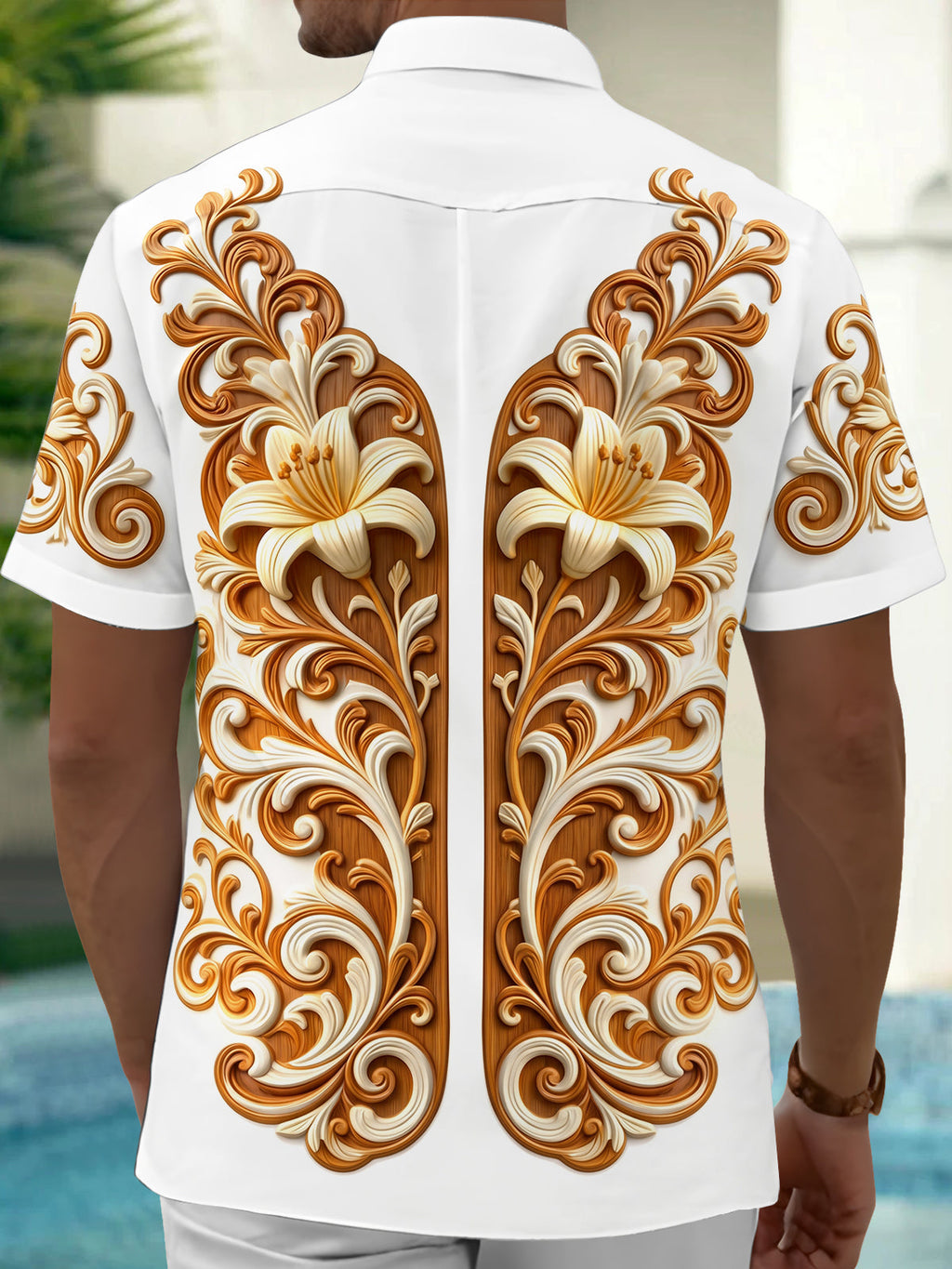 Oceanlyte Men's 3D Carved Floral Lilies And Scrollwork Print Short Sleeve Shirt with Chest Pocket