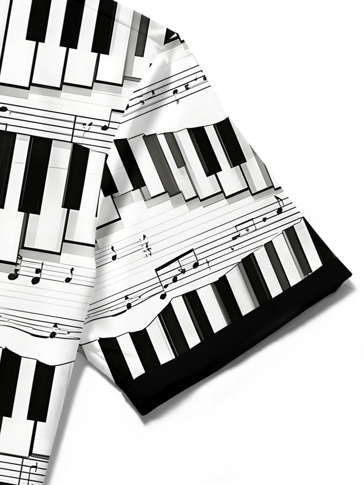 Oceanlyte Men's Graphic Geometric Piano Keys Musical Notes Print Short Sleeve Button Down Shirt with Chest Pocket