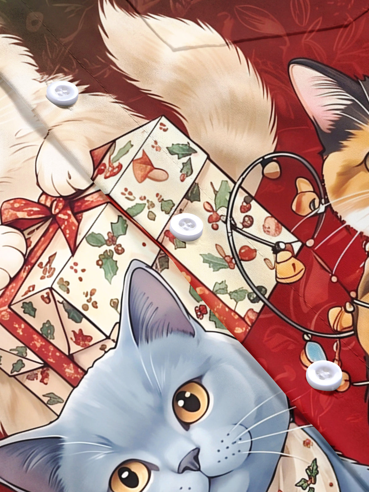 Oceanlyte Men's Christmas Cats With Gifts And Lights Print Short Sleeve Shirt with Chest Pocket
