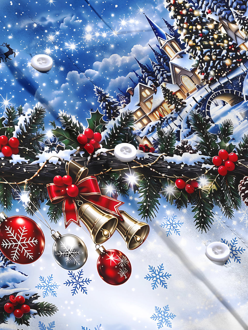 Oceanlyte Men's Long Sleeve Shirt - Christmas Village Scene With Snowy Trees And Church Print with Chest Pocket