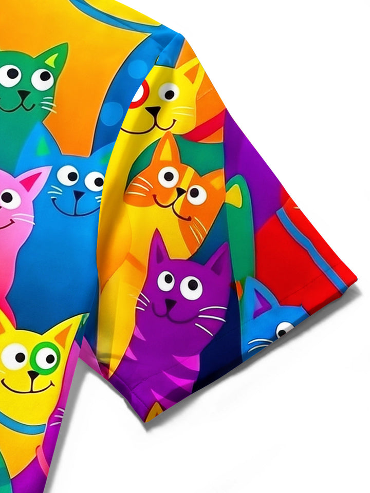 Oceanlyte Men's Hawaiian Colorful Cartoon Cat Print Short Sleeve Button Down Shirt with Chest Pocket