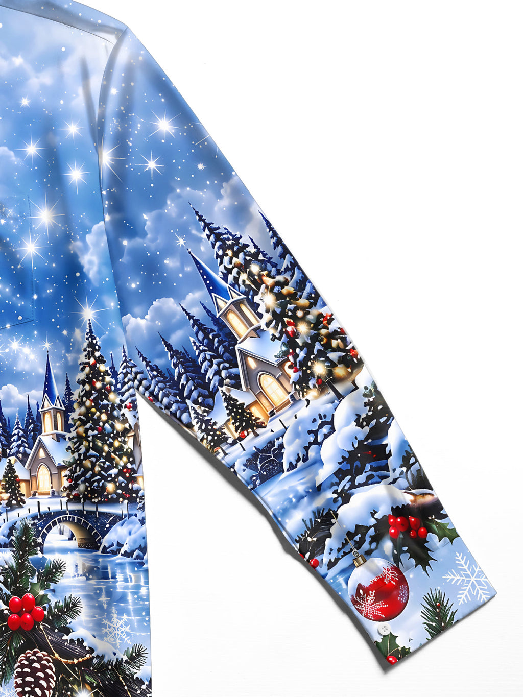 Oceanlyte Men's Long Sleeve Shirt - Christmas Village Scene With Snowy Trees And Church Print with Chest Pocket