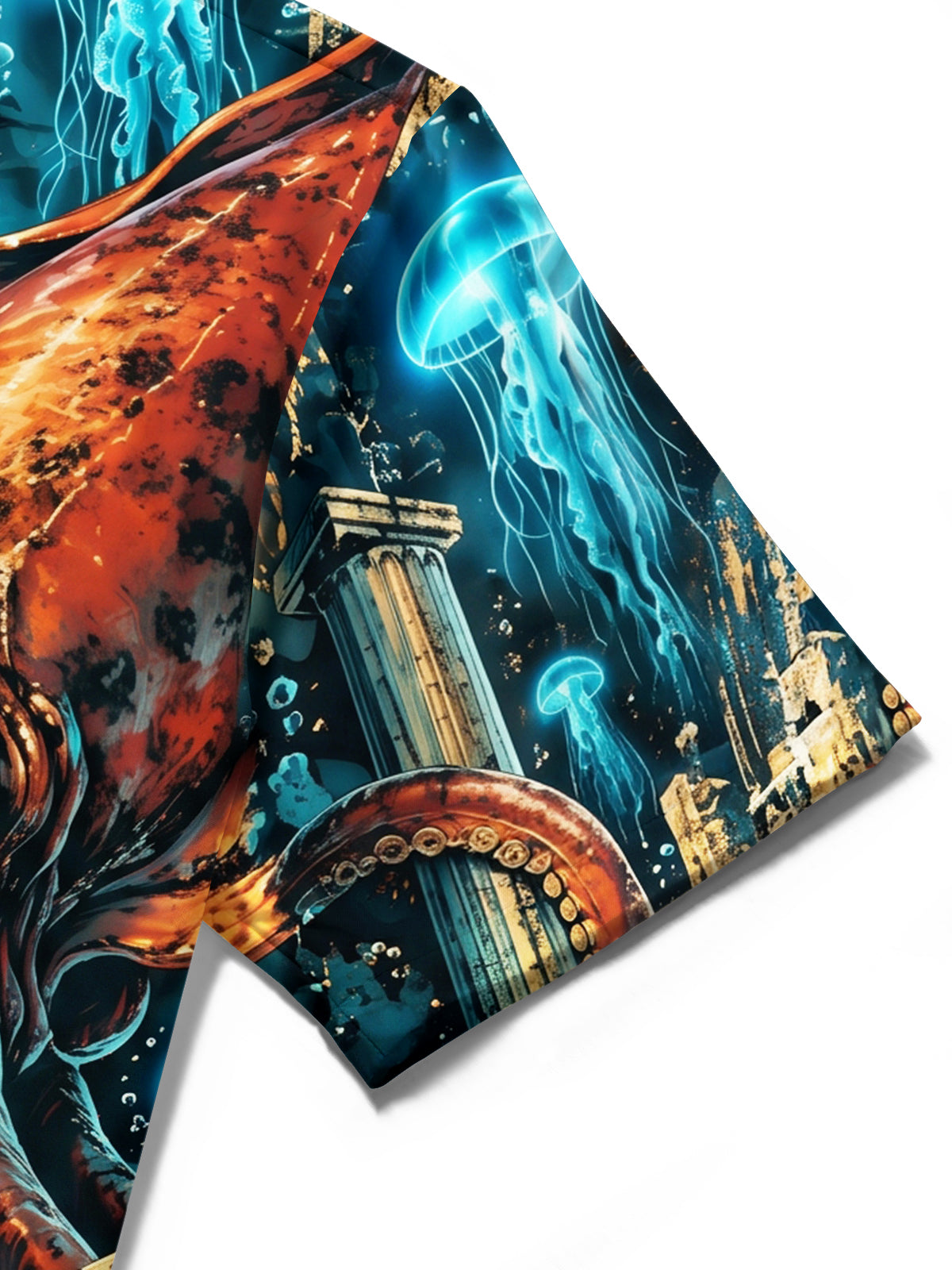 Oceanlyte Men's Hawaiian Octopus And Ancient Ruins Print Short Sleeve Shirt with Chest Pocket