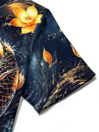 Oceanlyte Men's Hawaiian Koi Fish Print Lotus Flower Print Short Sleeve Shirt with Chest Pocket