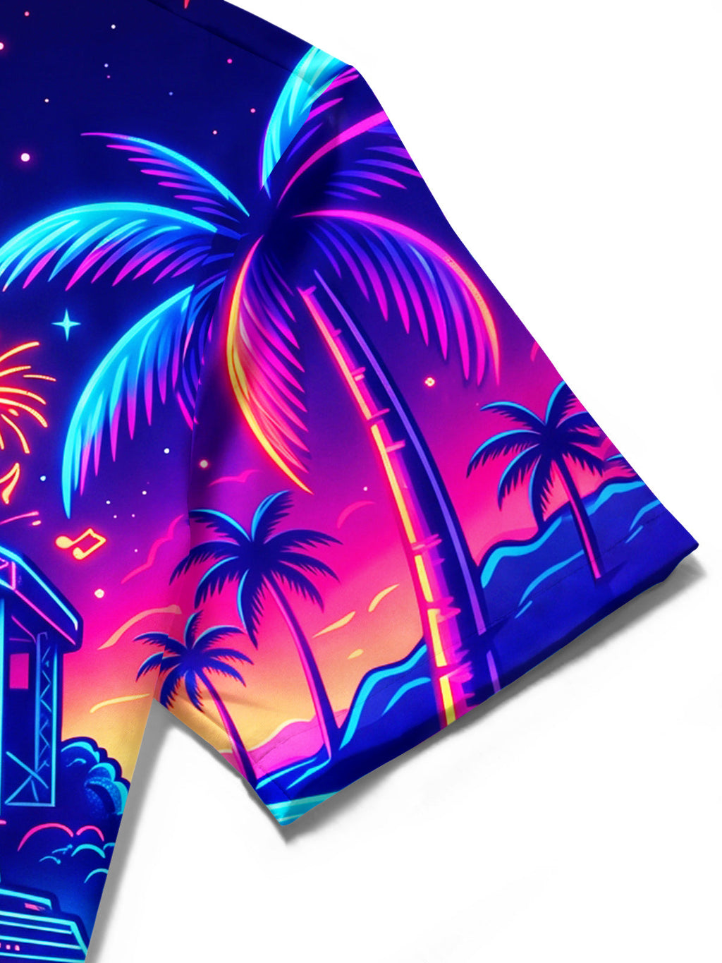 Oceanlyte Men's Hawaiian Neon Palm Trees And Fireworks Print Short Sleeve Shirt with Chest Pocket