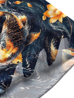 Oceanlyte Men's Hawaiian Koi Fish Print Lotus Flower Print Short Sleeve Shirt with Chest Pocket