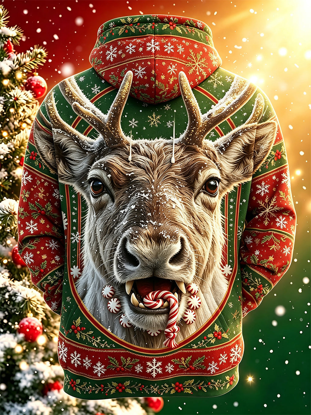 Oceanlyte Men's Graphic Christmas Reindeer Print Long Sleeve Hoodie with Chest Pocket
