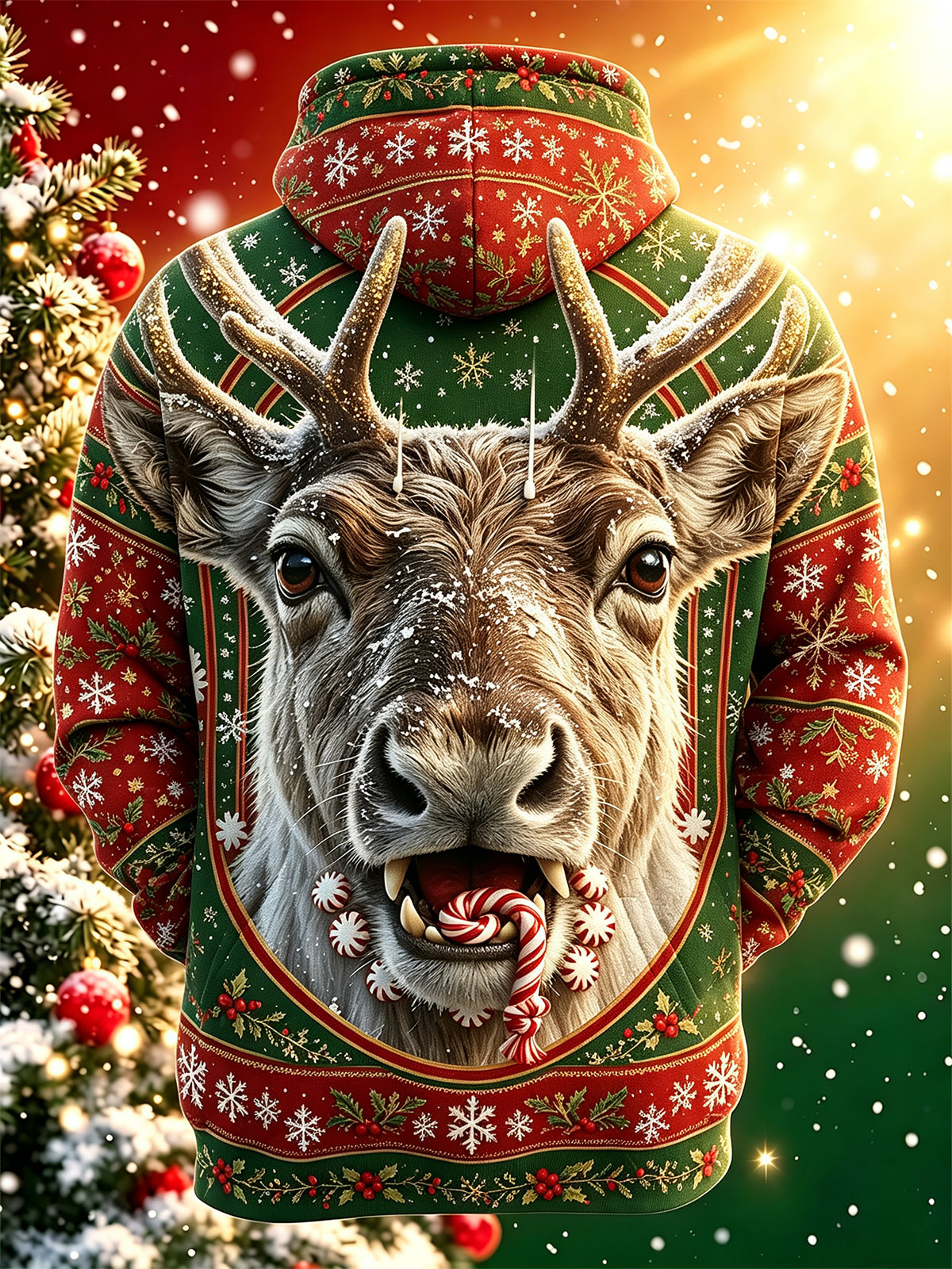 Oceanlyte Men's Graphic Christmas Reindeer Print Long Sleeve Hoodie with Chest Pocket