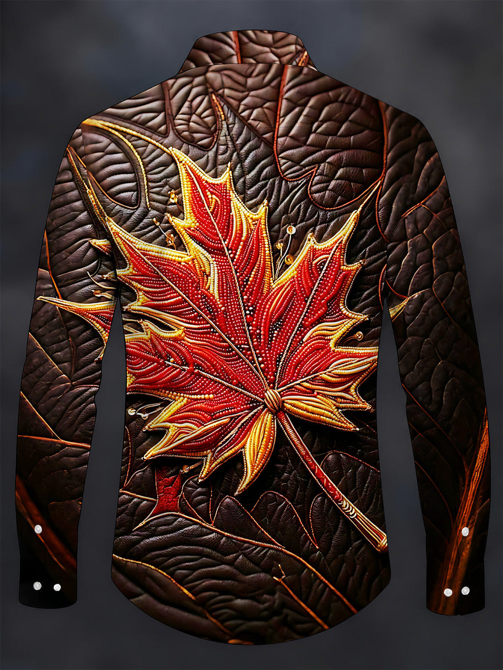 Oceanlyte Men's Graphic Beaded Flaming Red Maple Leaf Print Long Sleeve Shirt with Chest Pocket