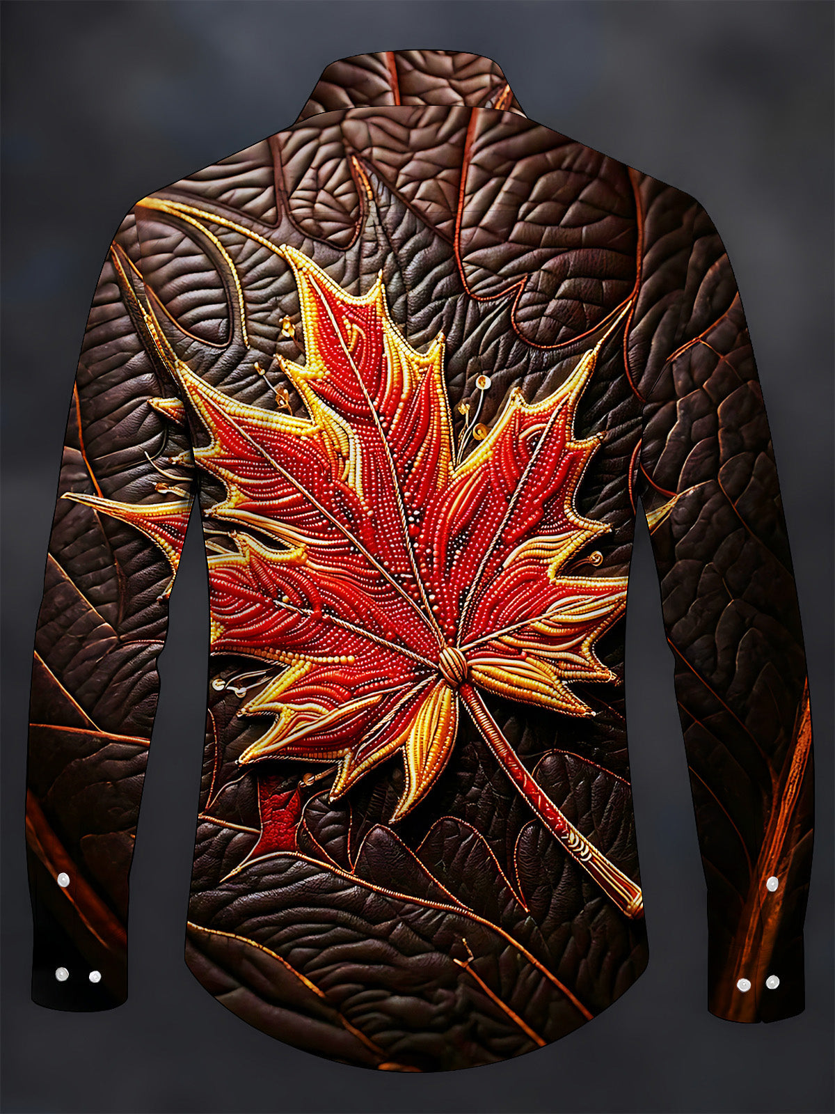 Oceanlyte Men's Graphic Beaded Flaming Red Maple Leaf Print Long Sleeve Shirt with Chest Pocket