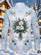 Oceanlyte Men's Long Sleeve Shirt - Christmas Floral Bouquet With Holly And Acorns Print with Chest Pocket