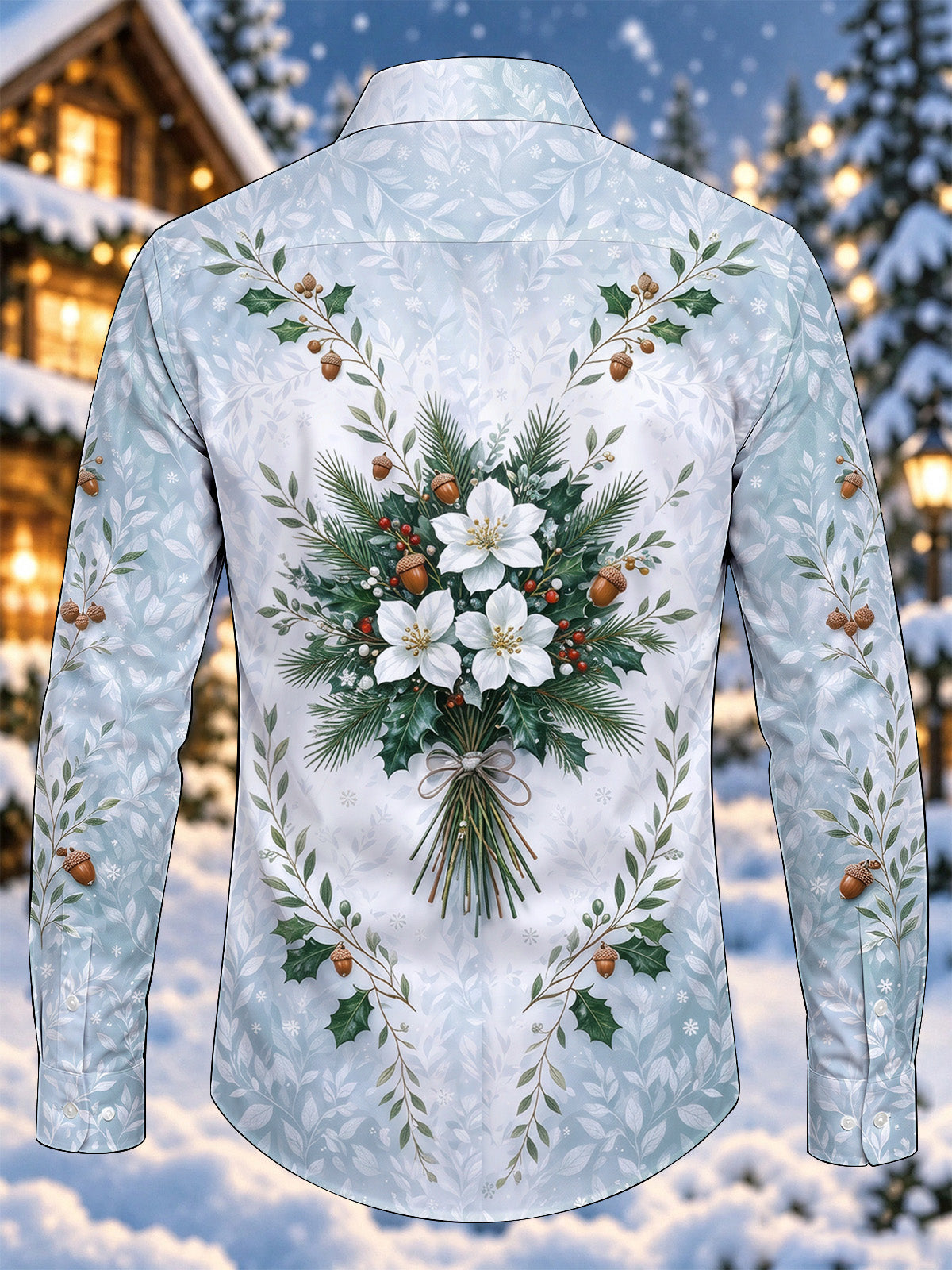 Oceanlyte Men's Long Sleeve Shirt - Christmas Floral Bouquet With Holly And Acorns Print with Chest Pocket