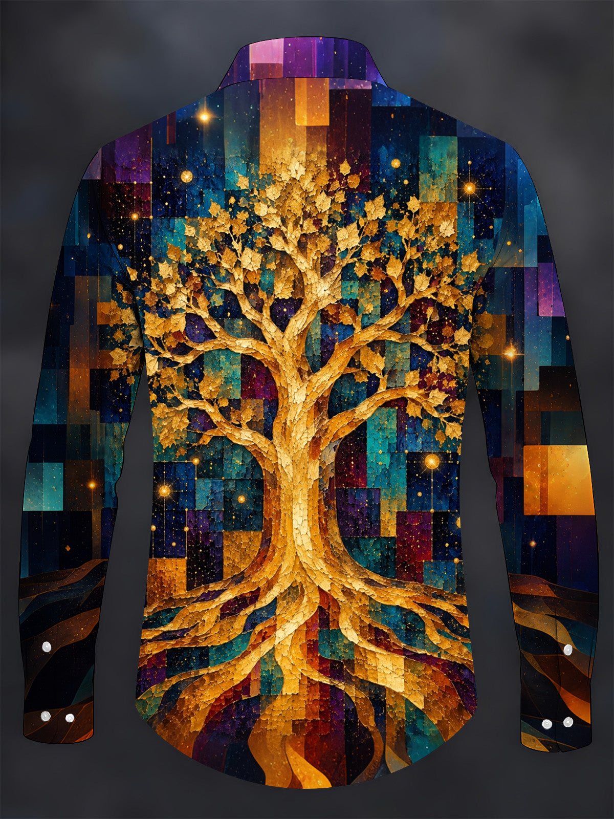 Oceanlyte Men's Long Sleeve Shirt - Golden Tree Of Life With Geometric Background Print with Chest Pocket