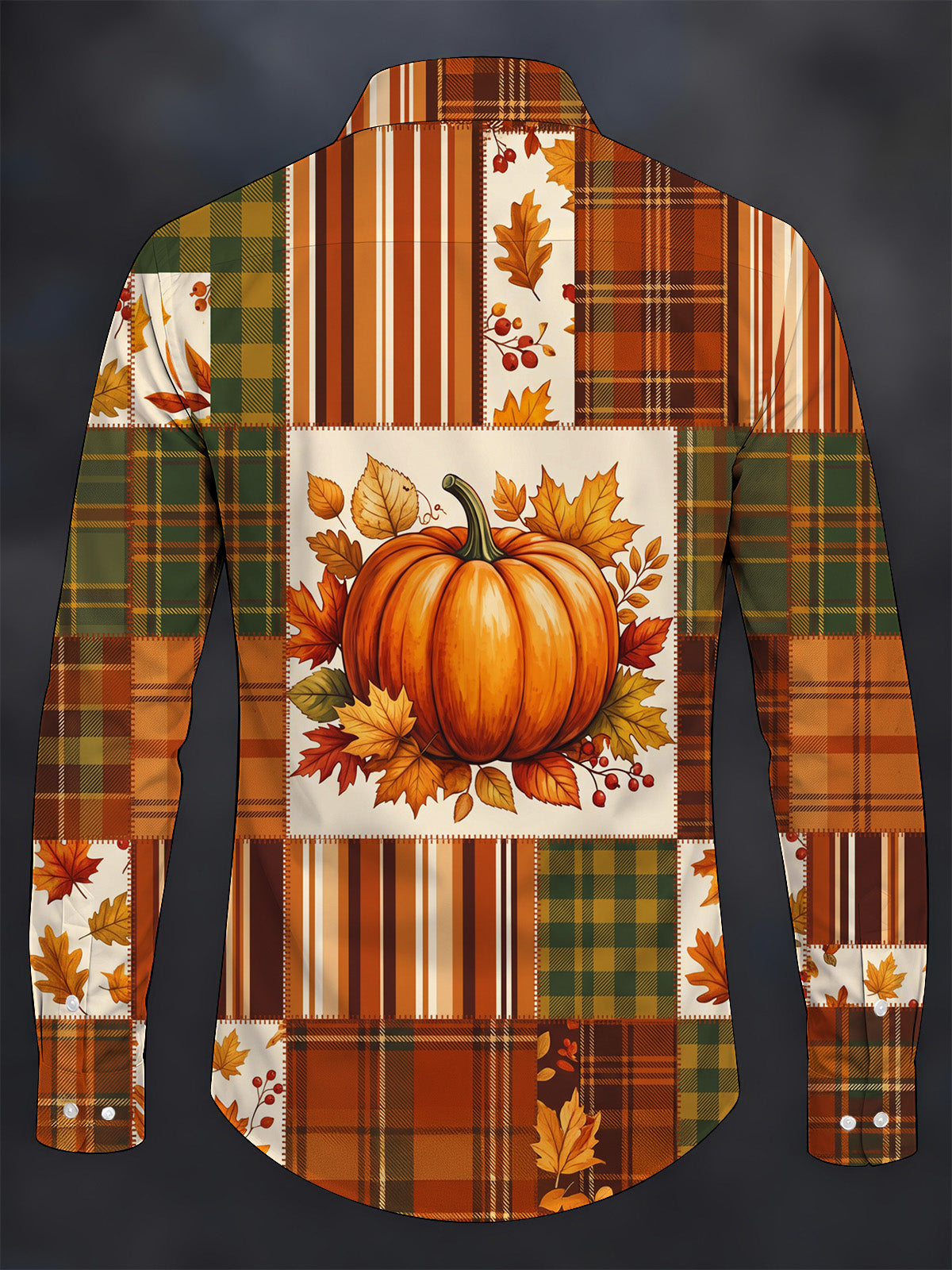 Oceanlyte Men's Autumn Pumpkin And Autumn Leaves Print Long Sleeve Shirt with Chest Pocket