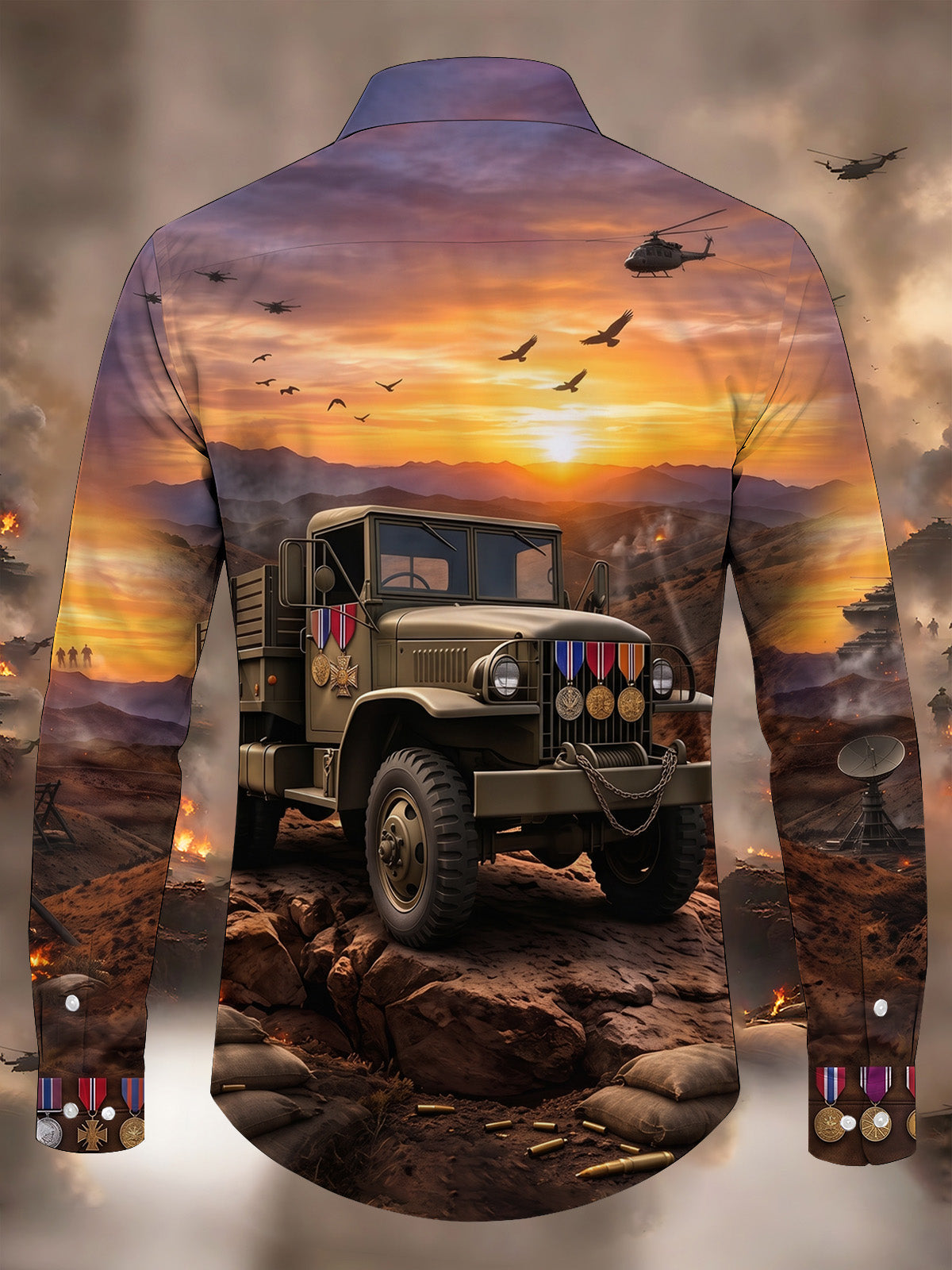 The "Deuce and a Half" Oceanlyte Men's Long Sleeve Shirt - Military Truck And Battlefield Sunset Print with Chest Pocket