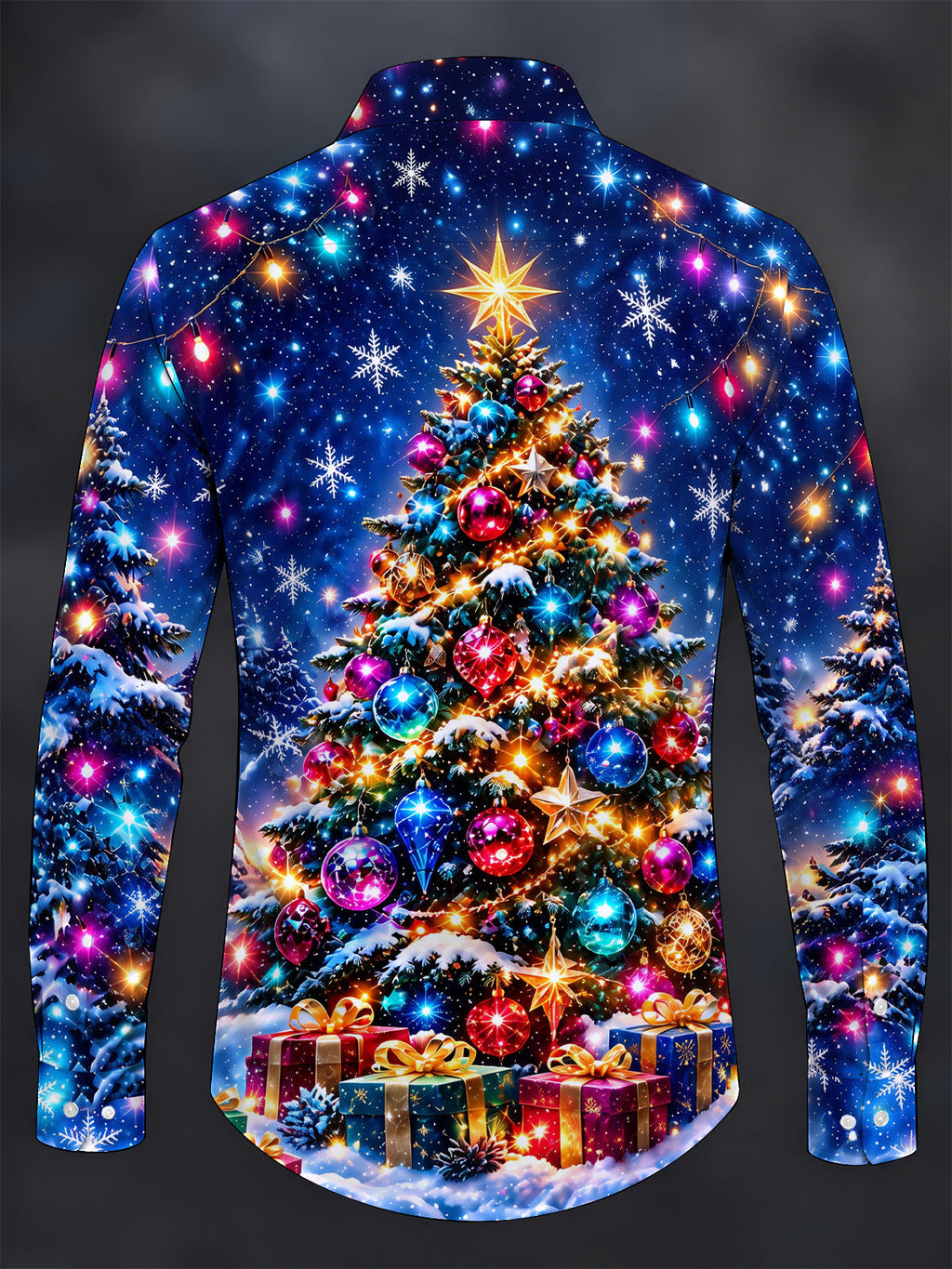 Oceanlyte Men's Christmas Tree With Ornaments And Gifts Print Long Sleeve Shirt with Chest Pocket