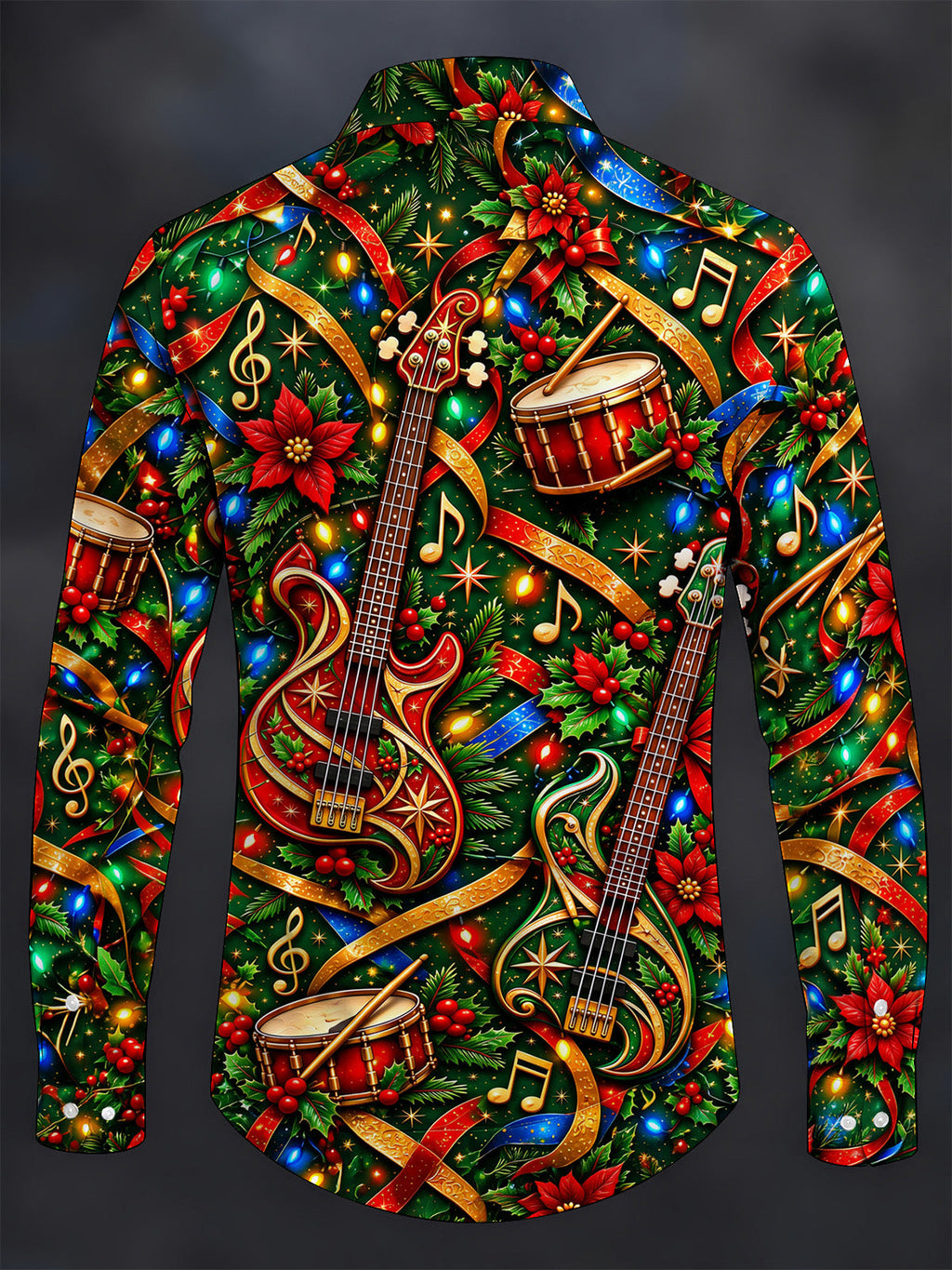 Oceanlyte Men's Long Sleeve Shirt - Bass Guitars And Drums With Christmas Motifs Print with Chest Pocket