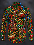 Oceanlyte Men's Long Sleeve Shirt - Bass Guitars And Drums With Christmas Motifs Print with Chest Pocket