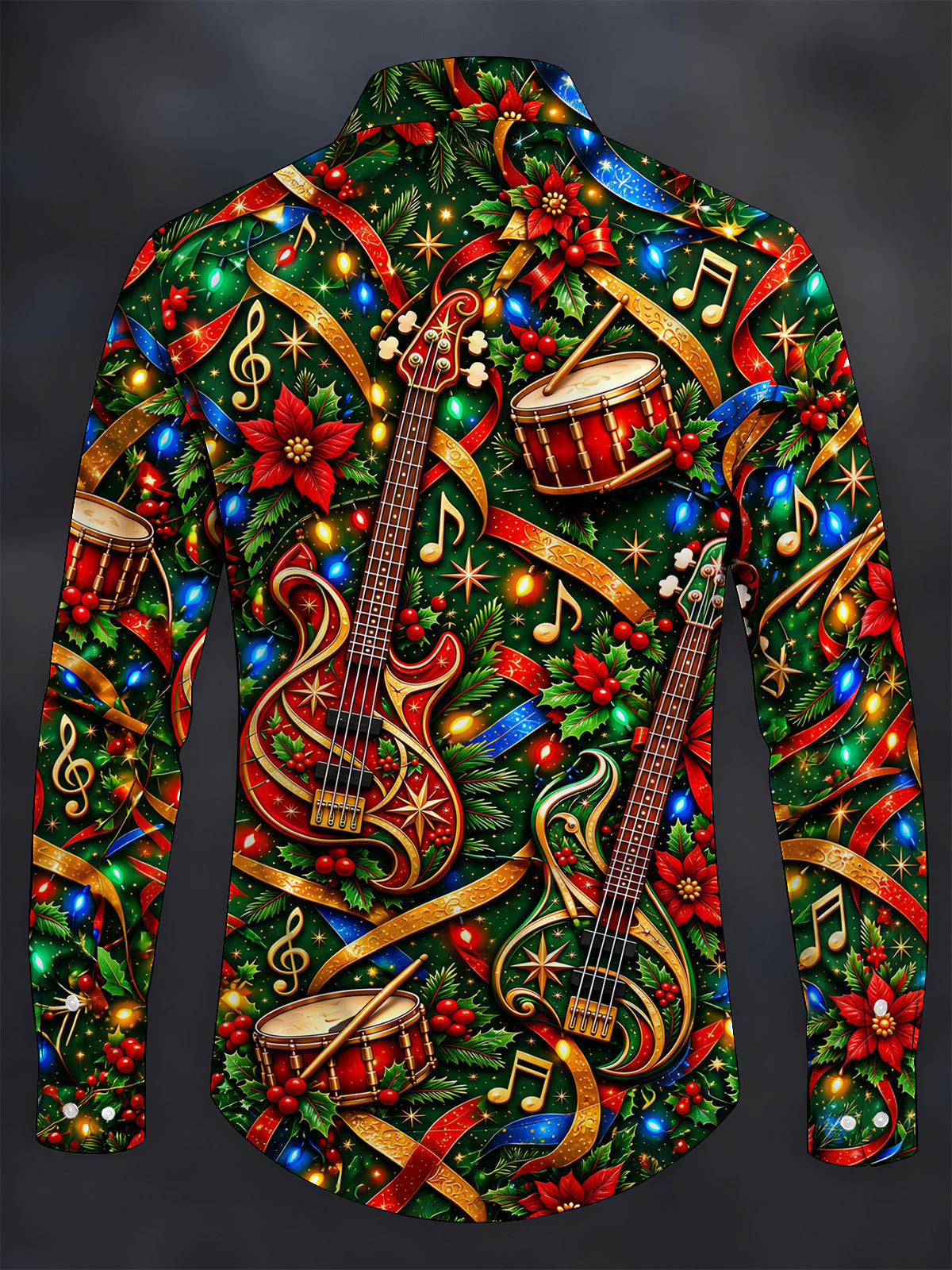 Oceanlyte Men's Long Sleeve Shirt - Bass Guitars And Drums With Christmas Motifs Print with Chest Pocket