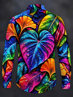 Oceanlyte Men's Neon Colorful Leaves With Water Droplets Print Long Sleeve Shirt with Chest Pocket