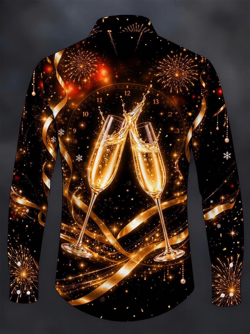 Oceanlyte Men's New Year Champagne Glasses And Clock Print Long Sleeve Shirt with Chest Pocket