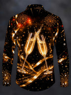 Oceanlyte Men's New Year Champagne Glasses And Clock Print Long Sleeve Shirt with Chest Pocket